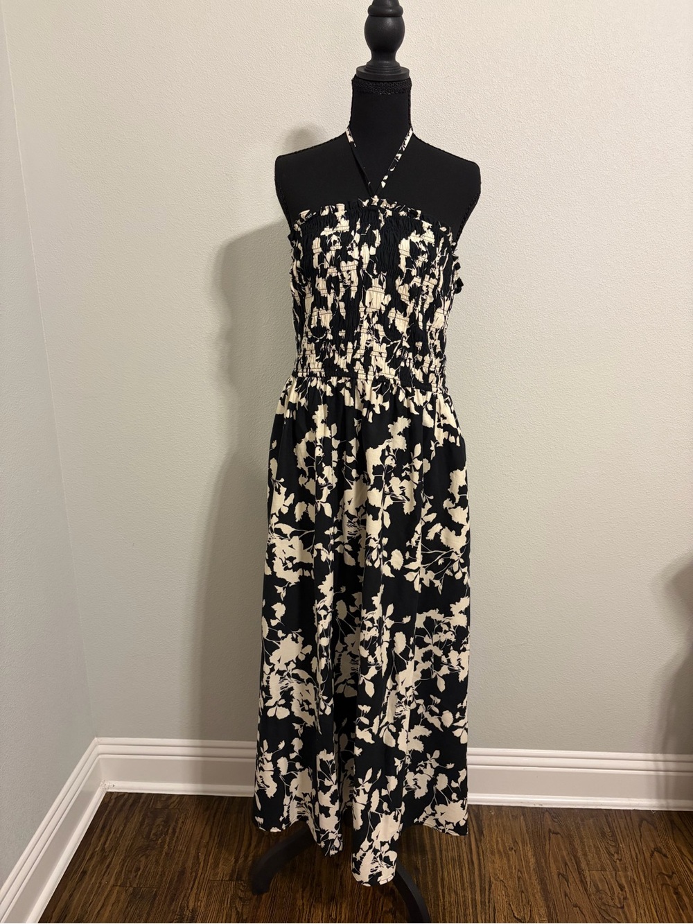 A New Day Black Floral Smocked Halter Maxi Dress Size L